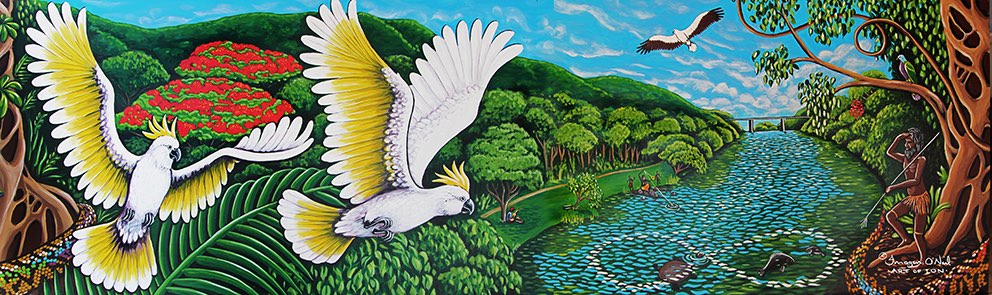 Stretched Canvas Print- 'White Cockatoos & River Scene' panorama