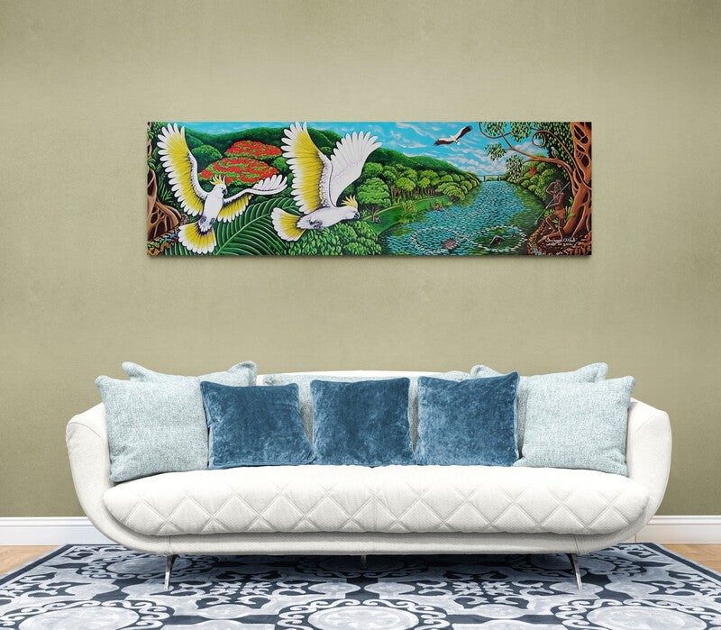 White Cockatoos & River Scene Panorama Stretched Canvas Print