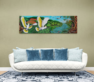 Stretched Canvas Print- 'White Cockatoos & River Scene' panorama