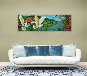 White Cockatoos & River Scene Panorama Stretched Canvas Print